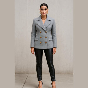 Women's SEEYA Grey Gold Button Double Breasted Pea Coat XL but fits a L